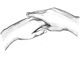 drawing of hands showing the fingers of the right hand on top of the fingers of the left hand