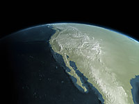 frame from animation of the Baja California peninsula ripping away from the mainland © 2000 CinemaCorp of the Californias