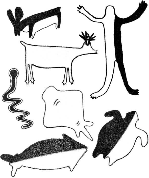 drawings of rabbit, man, deer, snake, manta, whale, and turtle