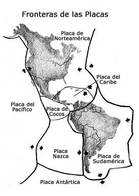dibujo que muestra las fronteras de las placas de Norte América y Sudamérica