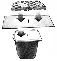 drawing of pudding cup with cardboard, and wafer cookies on top