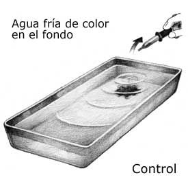 dibujo que muestra agua fría de color que es goteada en un contenedor con agua